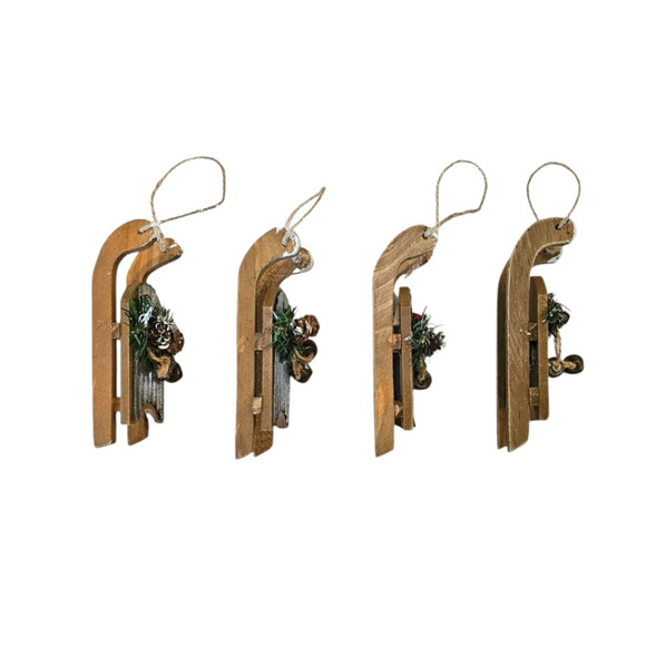 Rustic Farmhouse Galvanized Metal Wooden Sleigh Ornaments Set of 4 - Picture 4 of 4